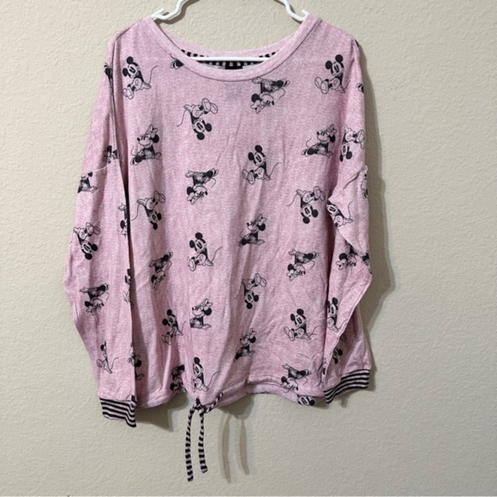 Disney Pajama Top Pink Black Mickey Minnie Print Long Sleeve Drawstring PJs Soft
